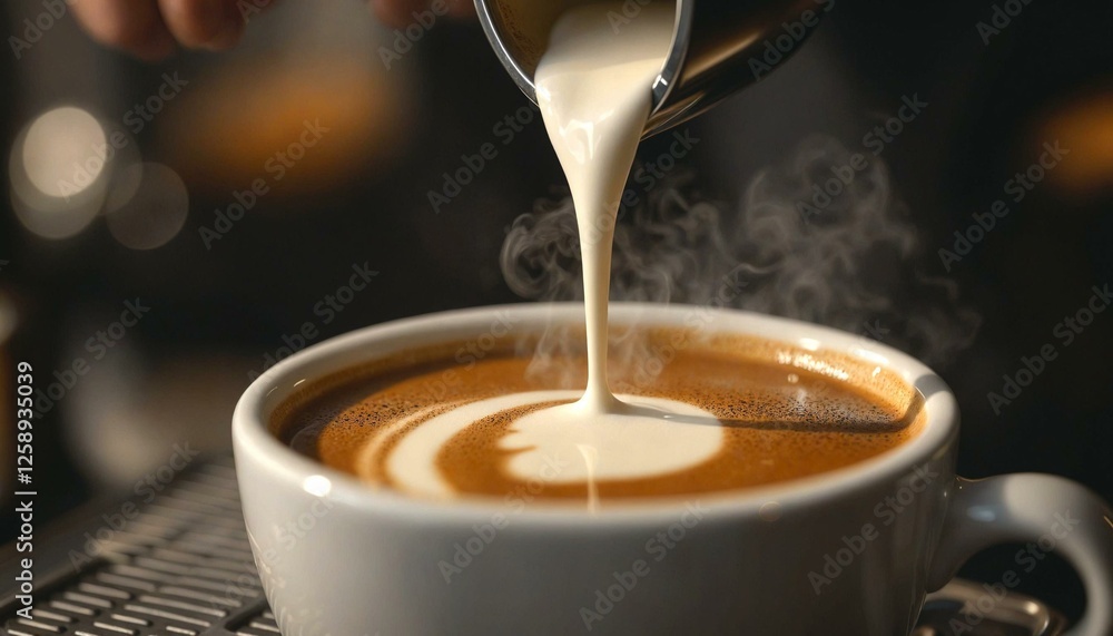 Close-up coffee pouring with milk steam Close-up coffee pouring with milk steam