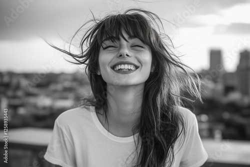 Happy Girl with Messy Bangs Enjoying a Breezy Rooftop Moment