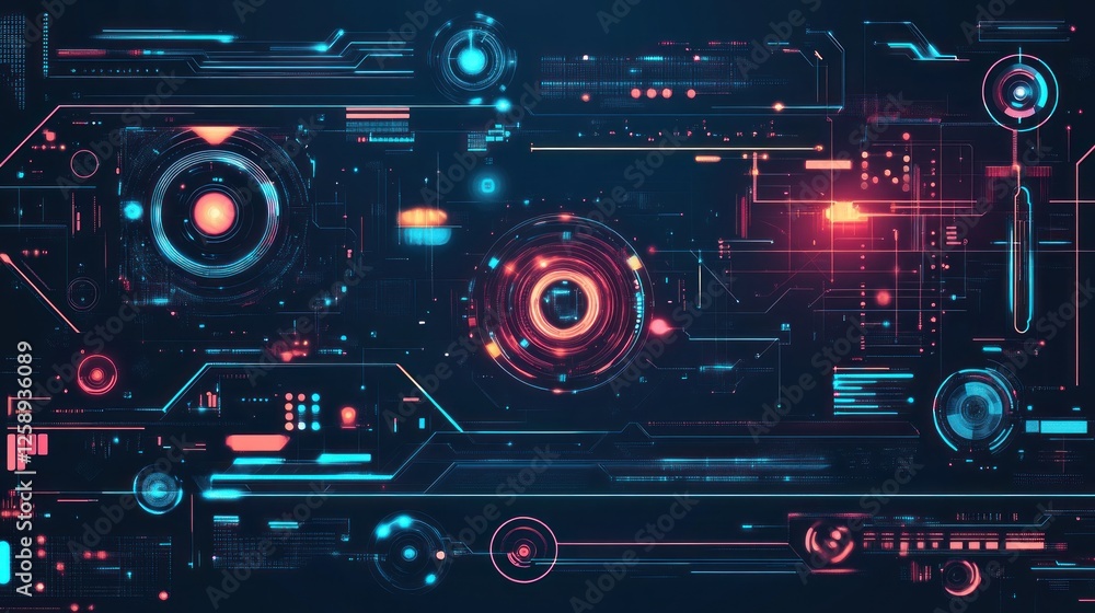 Futuristic HUD interface with glowing digital elements and data streams. Futuristic HUD interface with glowing digital elements and data streams.