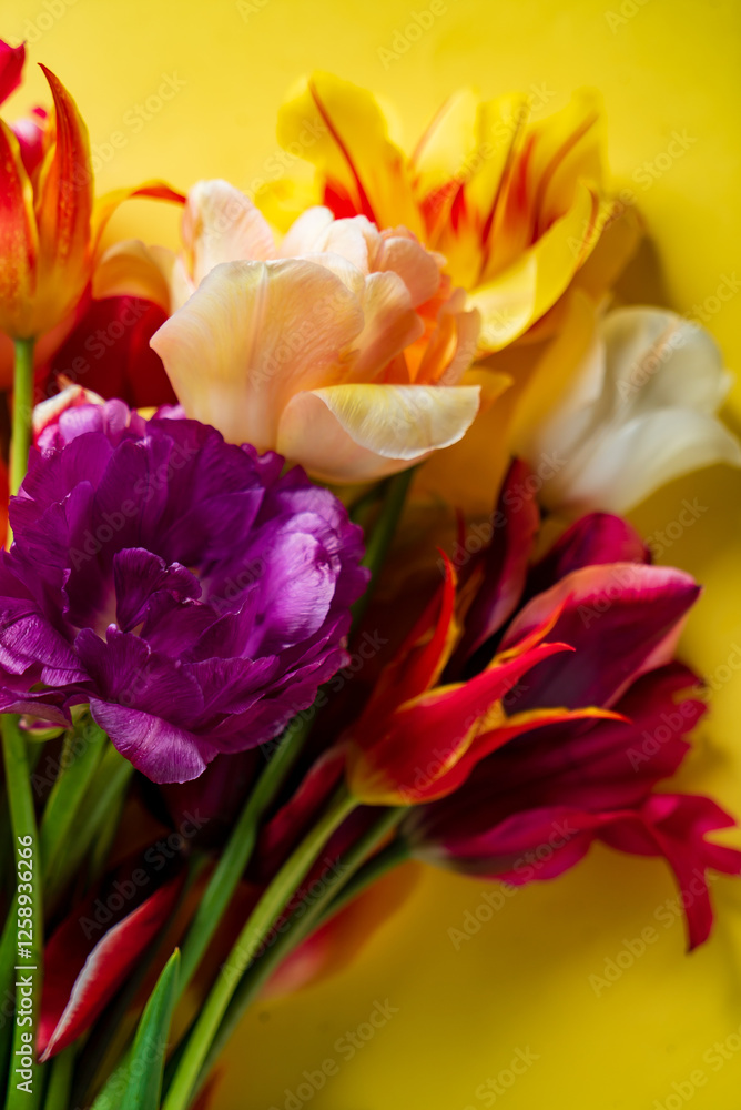 Obraz premium Vibrant Tulip Bouquet Celebrating Spring's Beauty Against a Sunny Backdrop of Bright Yellow.