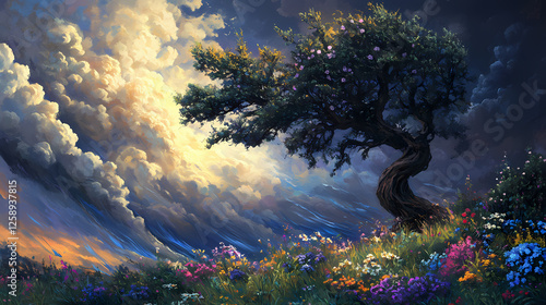 A sentient storm cloud, conflicted by its destructive nature, wept tears of acid rain, nurturing wildflowers with one hand and uprooting ancient trees with the other. Sentient Storms. Illustration