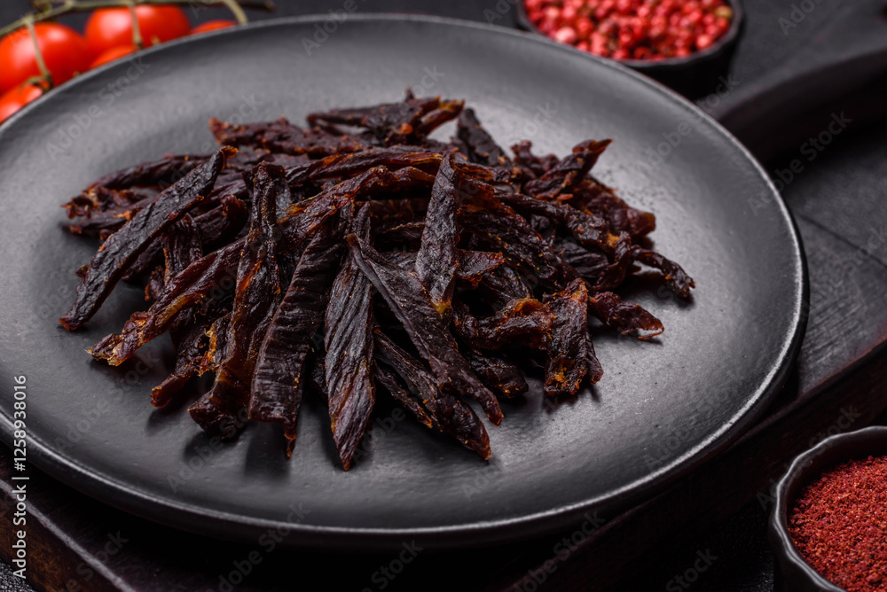 Fototapeta premium Jerky, dried horse meat or beef slices with salt and spices