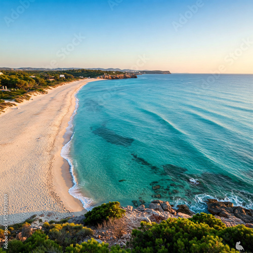 Landscape of a long beach with blue water. Perfect destination for a summer holiday 