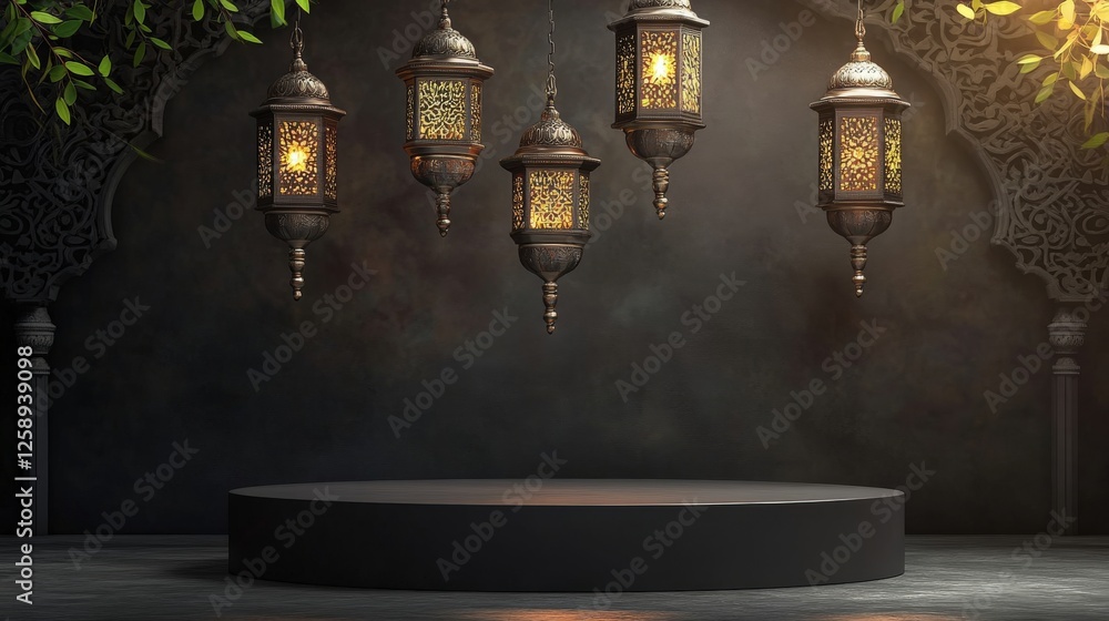 Elegant Ramadan Lanterns Hanging over Dark Podium Display Islamic Festive Background