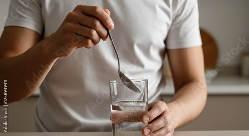 Person stirring glass of water with spoon in kitchen