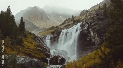 Majestic waterfall cascading down rocky mountainside on misty day.