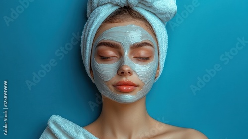 Relaxing Skincare content. young woman with glowing skin, white creamy face mask and a bright smile.