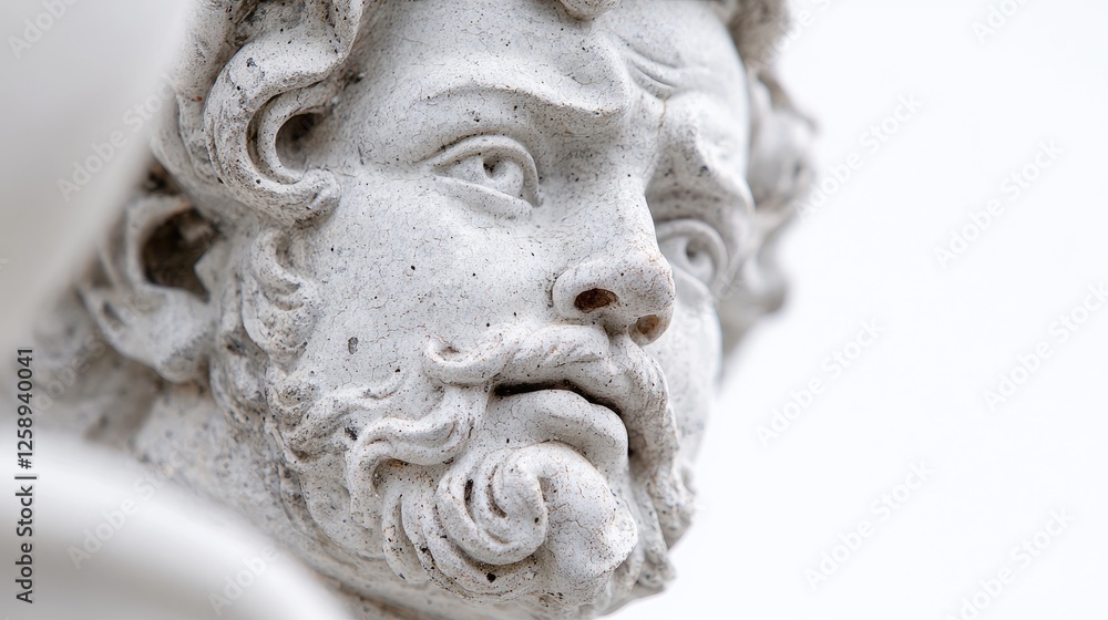 Close-up of weathered stone male bust, outdoor setting, bright background, ideal for history or art projects Close-up of weathered stone male bust, outdoor setting, bright background, ideal for history or art projects