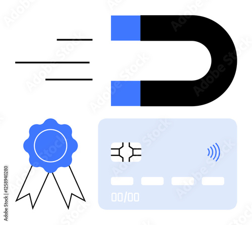 Magnet attracting objects, blue reward ribbon, contactless credit card highlighting loyalty, transactions, rewards. Ideal for marketing, e-commerce, finance, customer retention user engagement