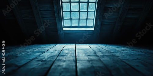 Window in old wooden attic of house under roof, view inside. Childhood fears, spooky haunted attic.
