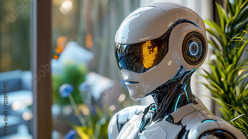 Obraz na płótnie Futuristic humanoid robot with a sleek white design and an illuminated visor stands in a modern, plant-filled room, reflecting advanced technology and aesthetics w salonie