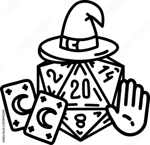DND Dice Rpg board game character. Fantasy icosahedron wargame. 20-sided tabletop icon, cartoon style on white background
