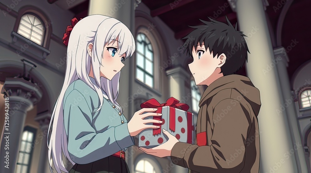 Obraz premium A precise architectural color photograph depicts a white-haired anime girl gifting a present to a blushing boy | A high-quality, professionally edited image perfect for creative projects, digital artw