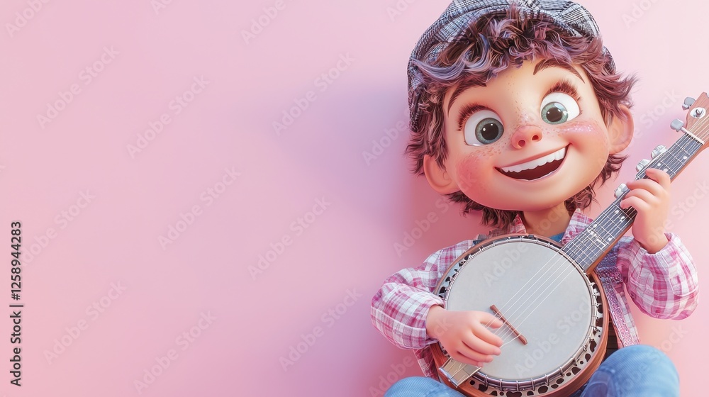 Fototapeta premium Cartoon Boy Playing Banjo On Light Pink Background