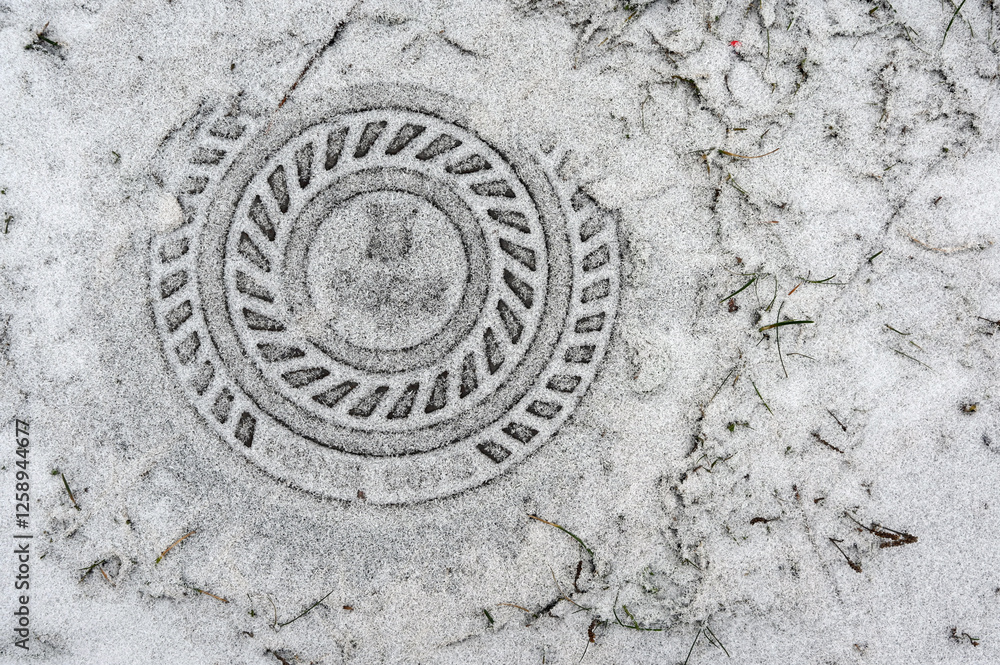 A close-up of a manhole cover partially covered in a thin layer of snow A close-up of a manhole cover partially covered in a thin layer of snow