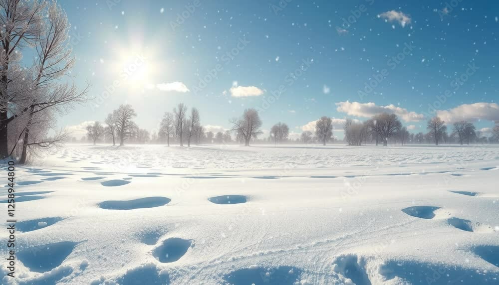 Serene Winter Landscape with Fresh Snow and Bright Sunlight, Peaceful Nature Scene Serene Winter Landscape with Fresh Snow and Bright Sunlight, Peaceful Nature Scene