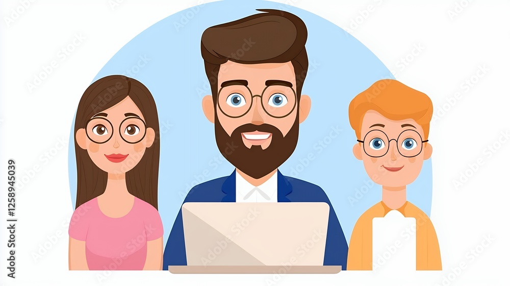 Cartoon Business Team Working On Laptop Cartoon Business Team Working On Laptop