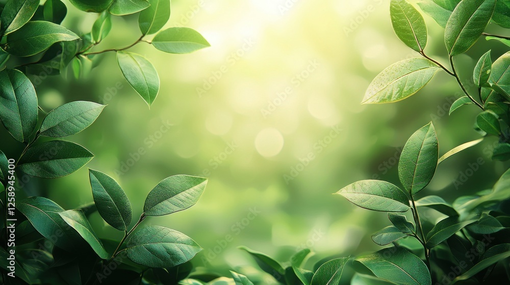 A minimalist green leaves frame with blurred sunlight in the background. A minimalist green leaves frame with blurred sunlight in the background.