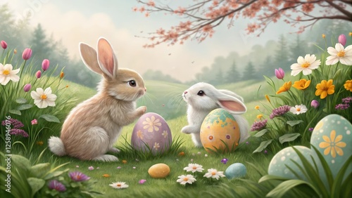 Adorable bunnies celebrating easter in a spring meadow with decorated eggs and blossoming flowers