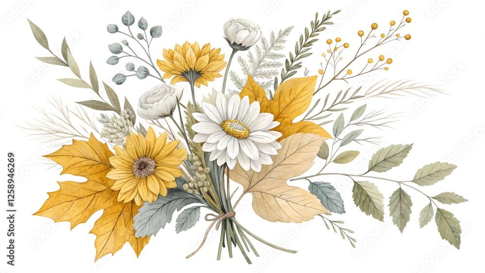 Obraz premium Watercolor floral illustration - wildflowers bouquet set. Autumn fall dried flowers leaves. Wedding invitations, greetings, wallpapers, fashion, background texture, wrapping. Yellow white silver dull.