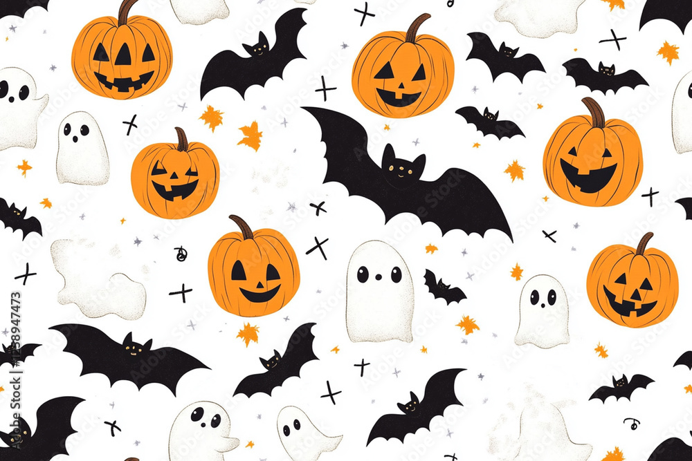 Children's pattern with little ghosts, pumpkins and bats in Halloween style, patterns Children's pattern with little ghosts, pumpkins and bats in Halloween style, patterns