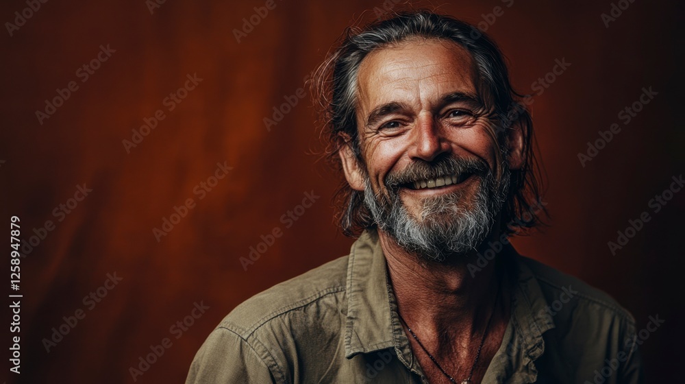 Fototapeta premium Smiling older man portrait, friendly expression, with a warm and inviting light