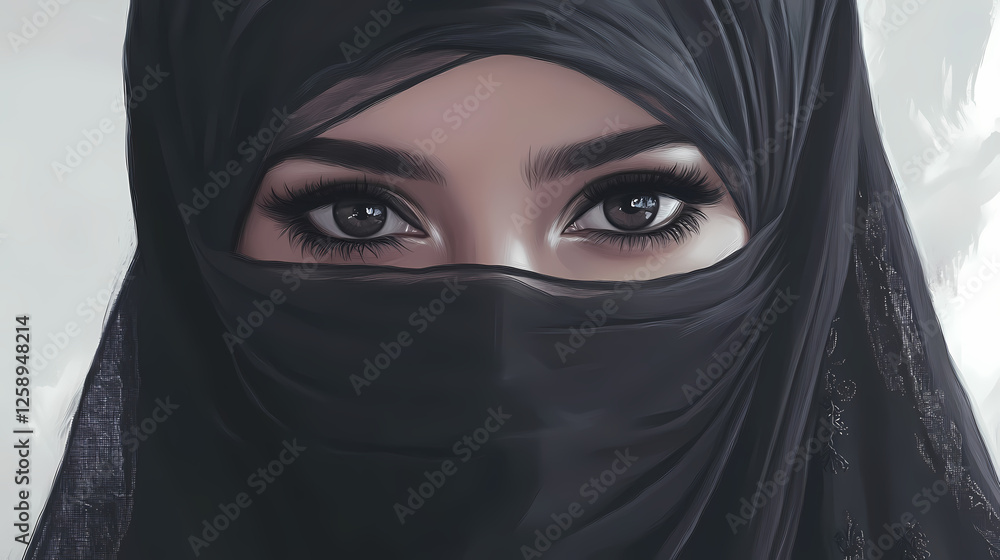 Naklejka premium Arab woman with black hijab covering her face. Veil Between Worlds. Illustration