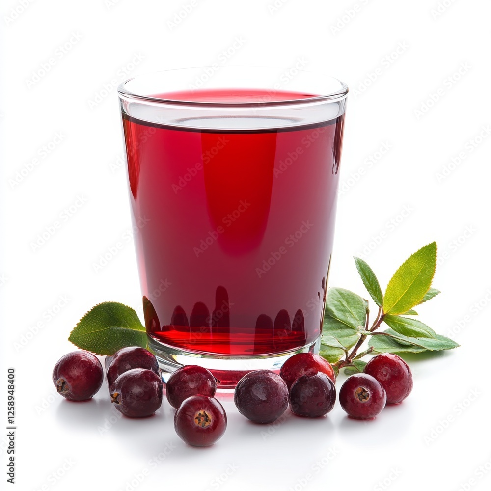 Fresh cranberry juice in glass, berries, leaves on white background Fresh cranberry juice in glass, berries, leaves on white background