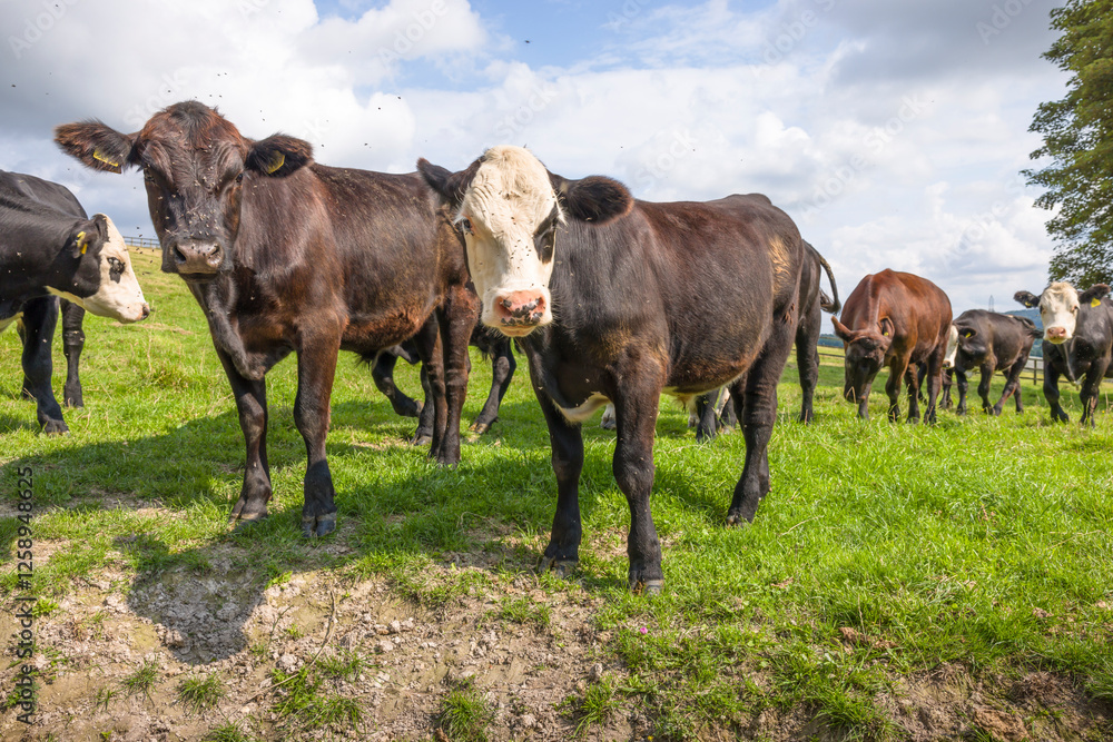 Young Hereford calves in a field, looking at camera, UK Young Hereford calves in a field, looking at camera, UK