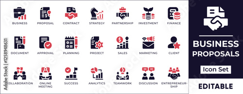 Flat business proposals icon set featuring contract agreements, deal negotiations, corporate presentations, client pitches, and strategic planning. Perfect for business and corporate projects.