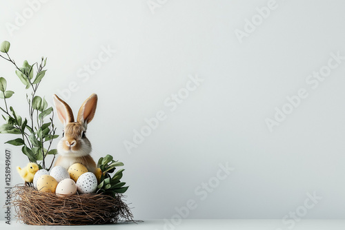 Osterhase auf einem Nest mit bunten Eiern für das Osterfest

