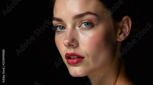 A poised individual with luminous skin and striking green eyes.