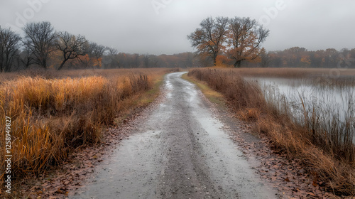 Rainy autumn path near lake, tranquil landscape