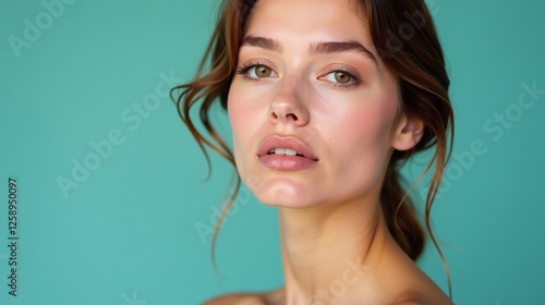 A serene portrait against a vibrant blue background. photo