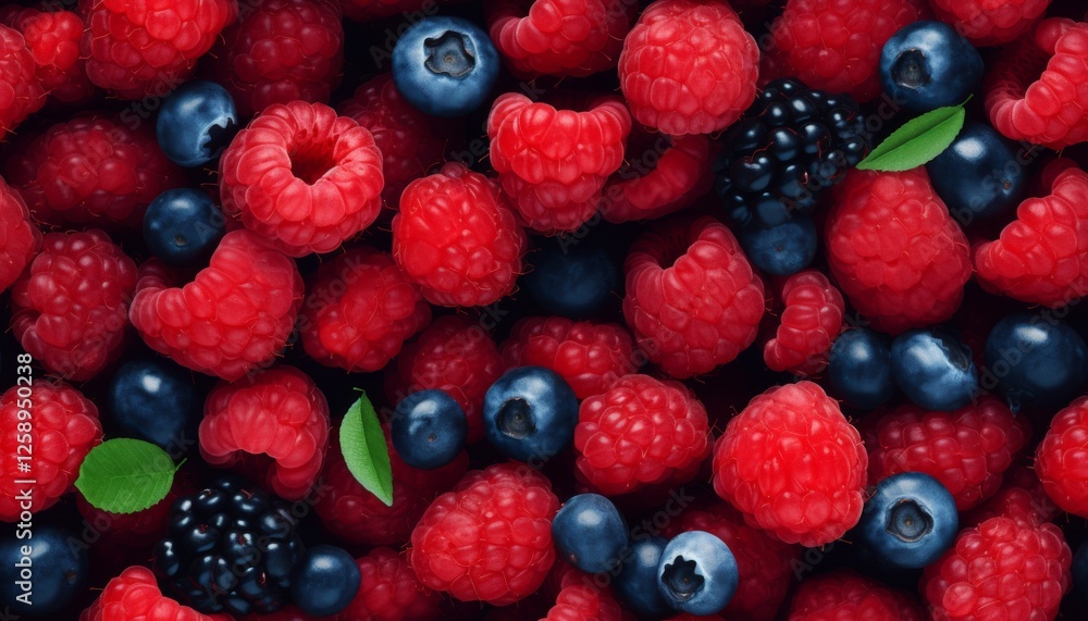 Close-up image of fresh, ripe blueberries and raspberries with leaves arranged in seamless pattern. Close-up image of fresh, ripe blueberries and raspberries with leaves arranged in seamless pattern.