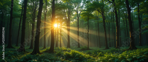 Wide panoramic background image, natural scenery photo of sunrise beams coming through inside a rain forest trees shade in a sunny day morning