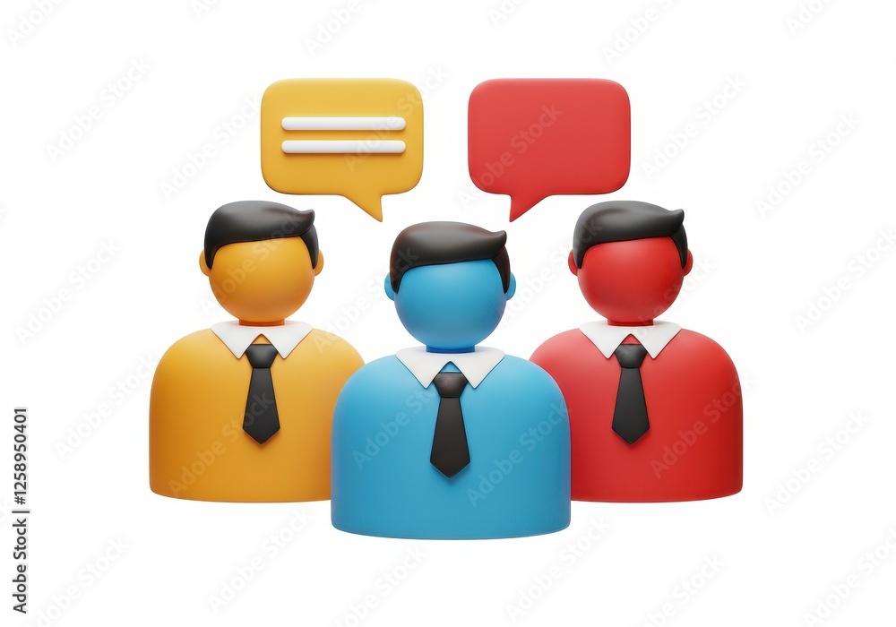 A 3D rendered illustration of three stylized businesspeople in orange, blue and red attire
