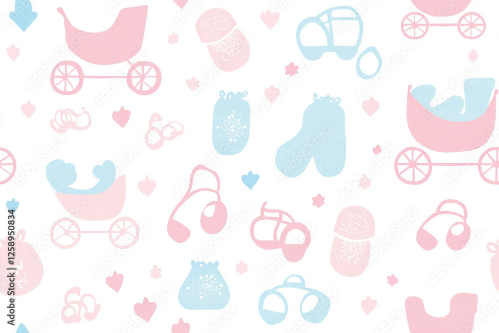 Minimalistic pattern with baby carriages, booties and pacifiers in soft pink and blue tones, patterns Minimalistic pattern with baby carriages, booties and pacifiers in soft pink and blue tones, patterns