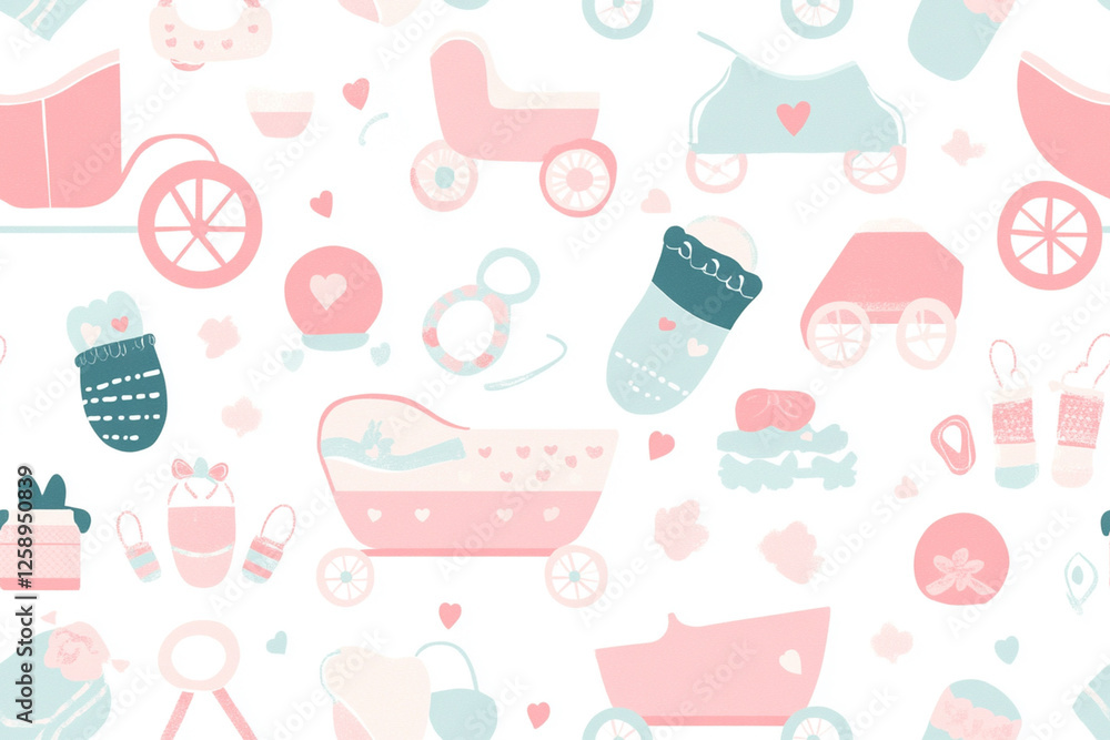 Minimalistic pattern with baby carriages, booties and pacifiers in soft pink and blue tones, patterns Minimalistic pattern with baby carriages, booties and pacifiers in soft pink and blue tones, patterns