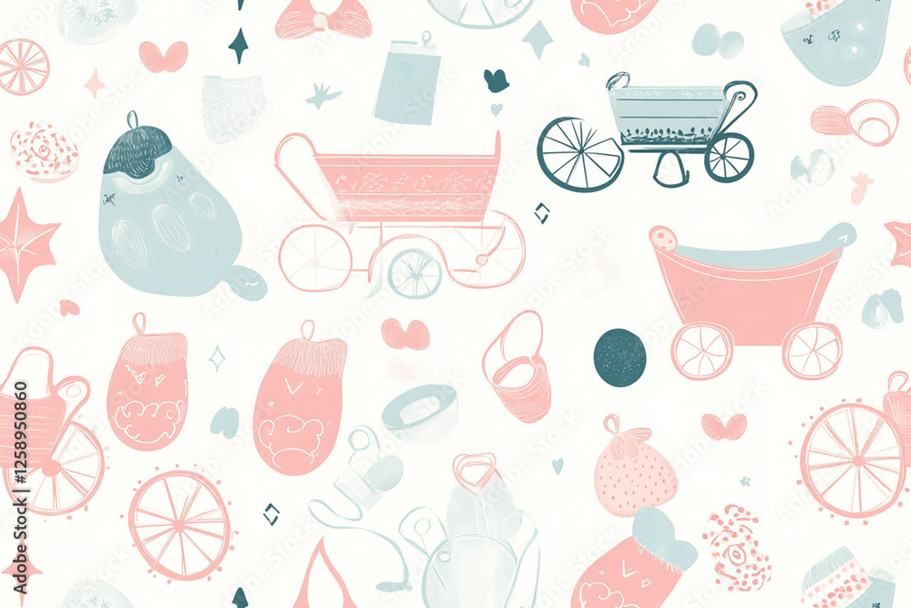 Minimalistic pattern with baby carriages, booties and pacifiers in soft pink and blue tones, patterns Minimalistic pattern with baby carriages, booties and pacifiers in soft pink and blue tones, patterns