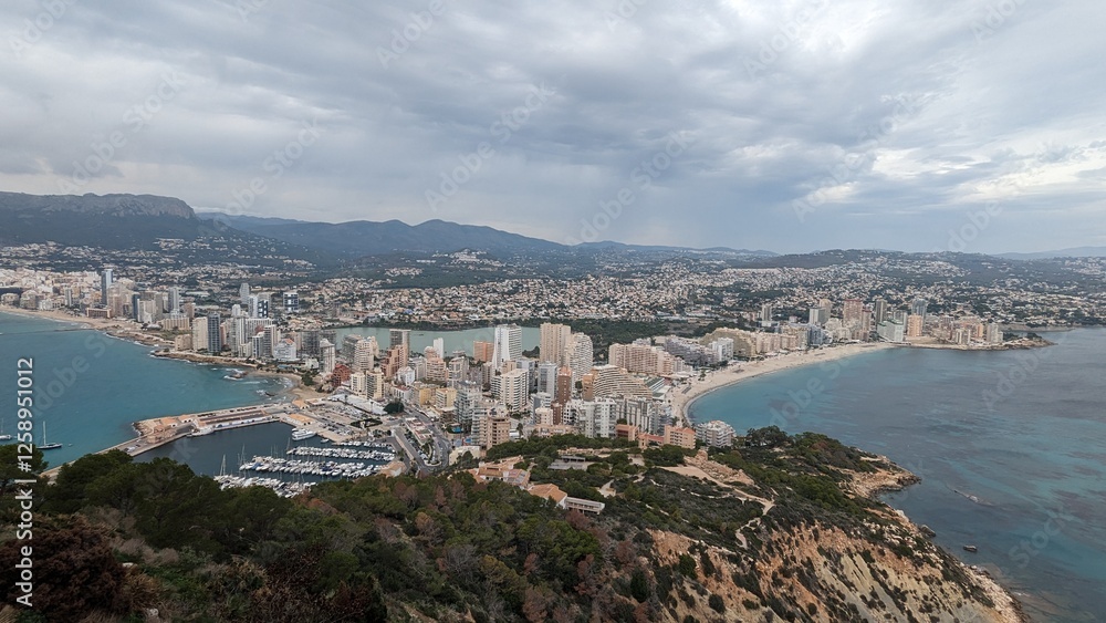 Fototapeta premium spain, calp, view, city, panorama, town, urban, building, panoramic, europe, tourism, water, landscape, sea, travel, coast, summer, village, vacation, nature, mountain