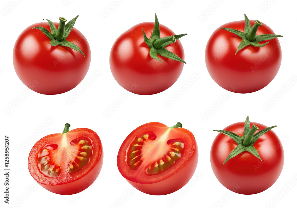 Six ripe red tomatoes, including two cut in half, on transparent background showing fresh inside texture Six ripe red tomatoes, including two cut in half, on transparent background showing fresh inside texture
