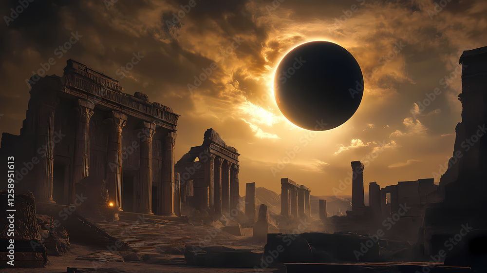 Fototapeta premium Majestic solar eclipse over ancient temple ruins, photorealistic,. Solar Eclipse Temples. Illustration