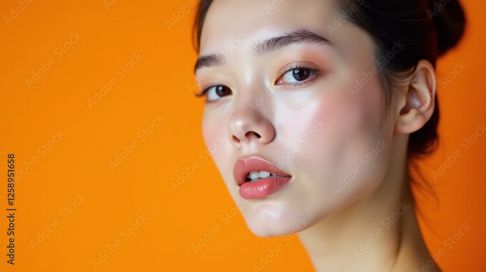 A person with a serene expression, set against a vibrant orange background. A person with a serene expression, set against a vibrant orange background.