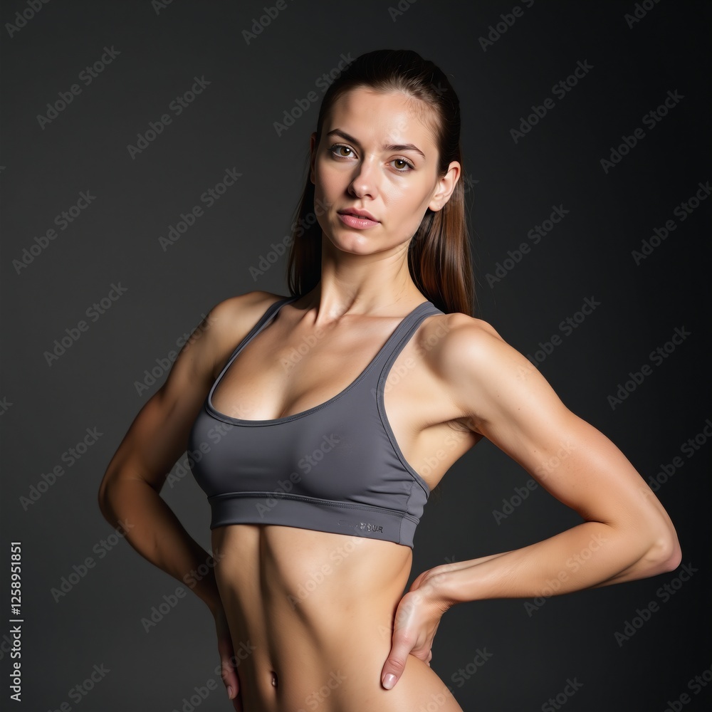 A fitness-themed photo shoot featuring a female model in a sporty sports bra A fitness-themed photo shoot featuring a female model in a sporty sports bra