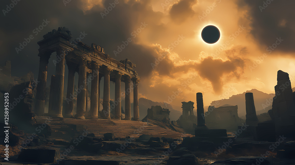 Fototapeta premium Ruins of an ancient civilization under an eerie solar eclipse. Solar Eclipse Temples. Illustration