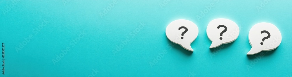 white speech bubbles with question marks on the right side of the screen, turquoise background, copyspace concept Generative AI white speech bubbles with question marks on the right side of the screen, turquoise background, copyspace concept Generative AI