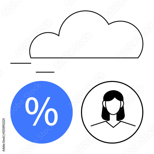 Cloud icon, percentage sign within blue circle, and anonymous female profile outline in circle. Ideal for data storage, user statistics, cloud services, anonymity, technology, online interaction