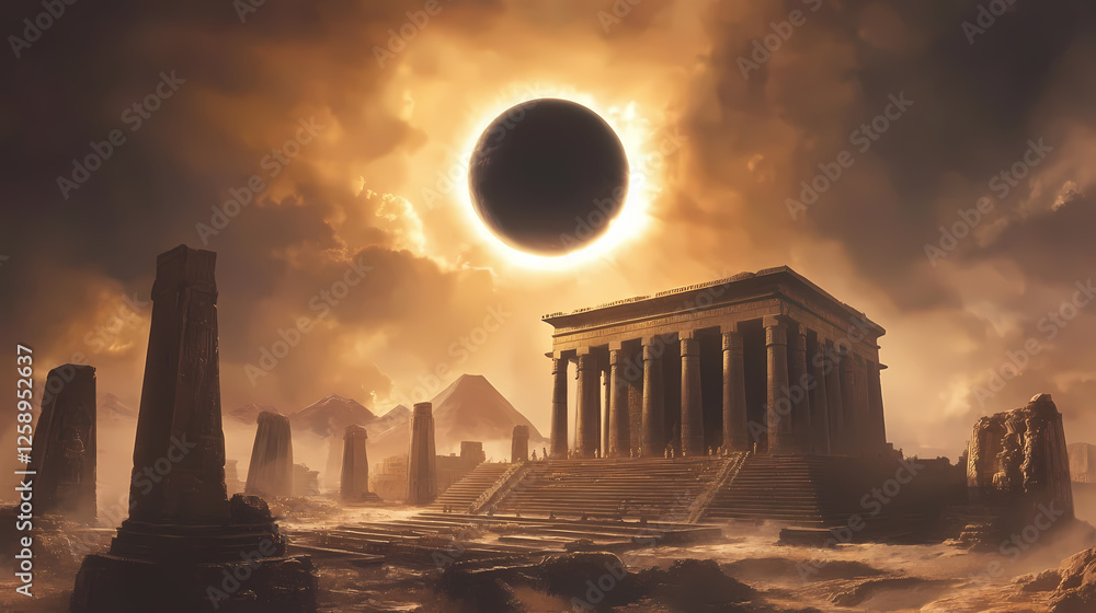 Fototapeta premium Solar eclipse, with ancient civilizations. Solar Eclipse Temples. Illustration