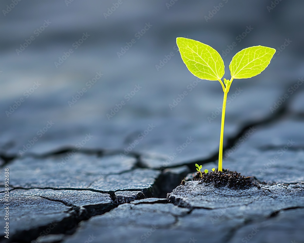 Close up view of cracked dry desert soil with tiny plants emerging symbolizing resilience and life Close up view of cracked dry desert soil with tiny plants emerging symbolizing resilience and life